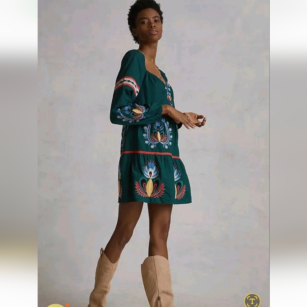 Anthropologie Let Me Be Embroidered Tunic Mini Dress